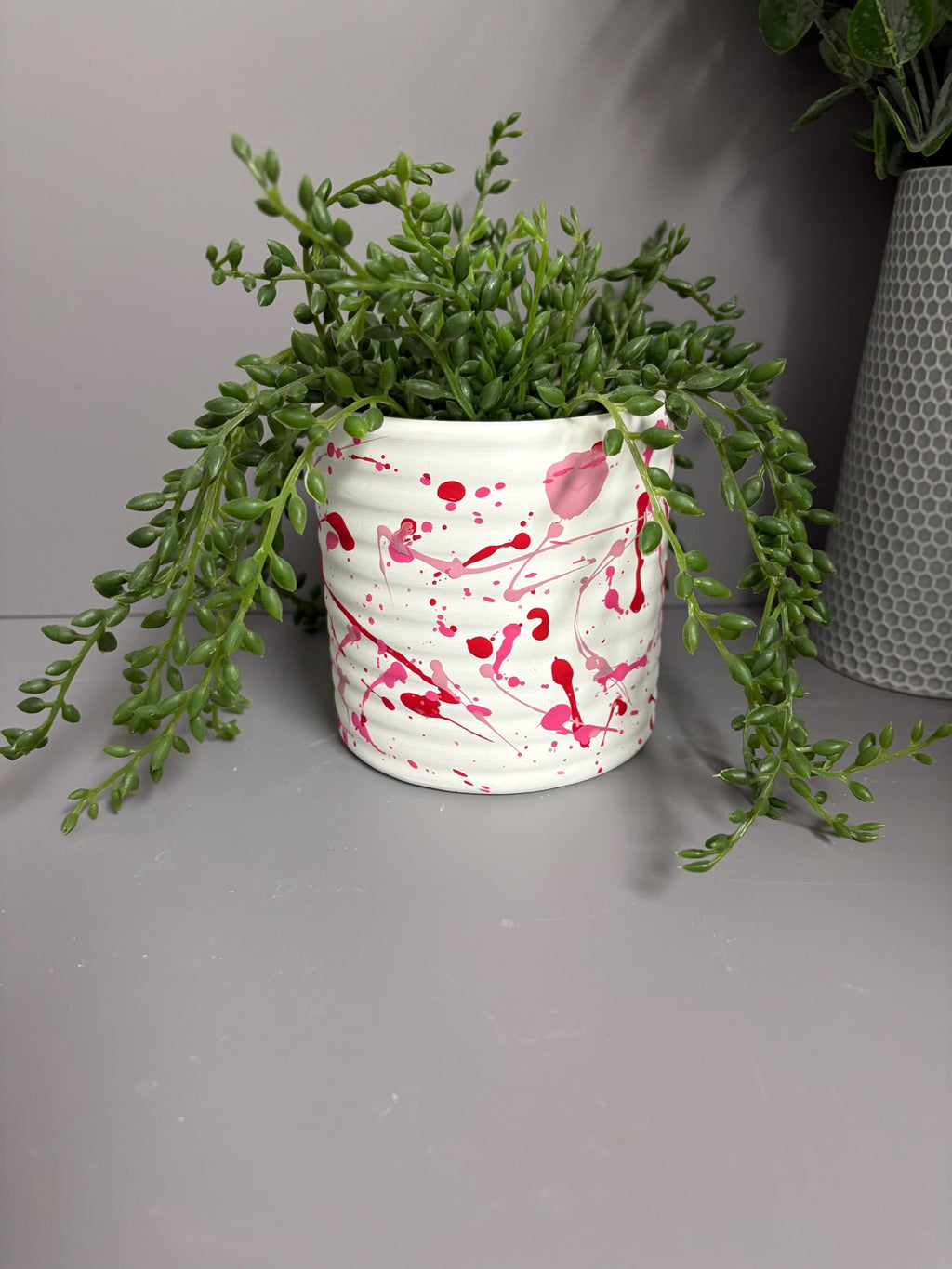 Hand Painted Ceramic Plant Pot, Pink and red plant pot, paint splatter plant pot.