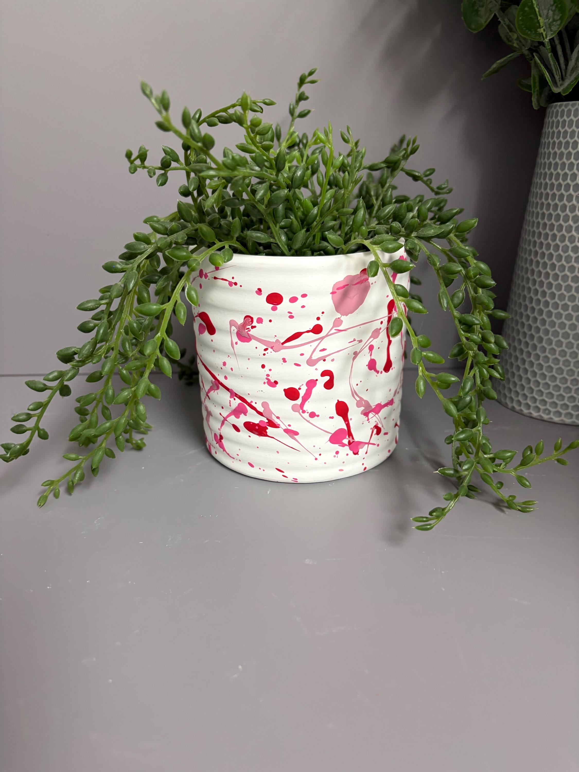 Hand Painted Ceramic Plant Pot, Pink and red plant pot, paint splatter plant pot.