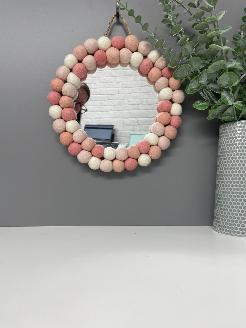 Pom Pom Wall Mirror, Pink & White Wool Felt Nursery Decor, circular mirror
