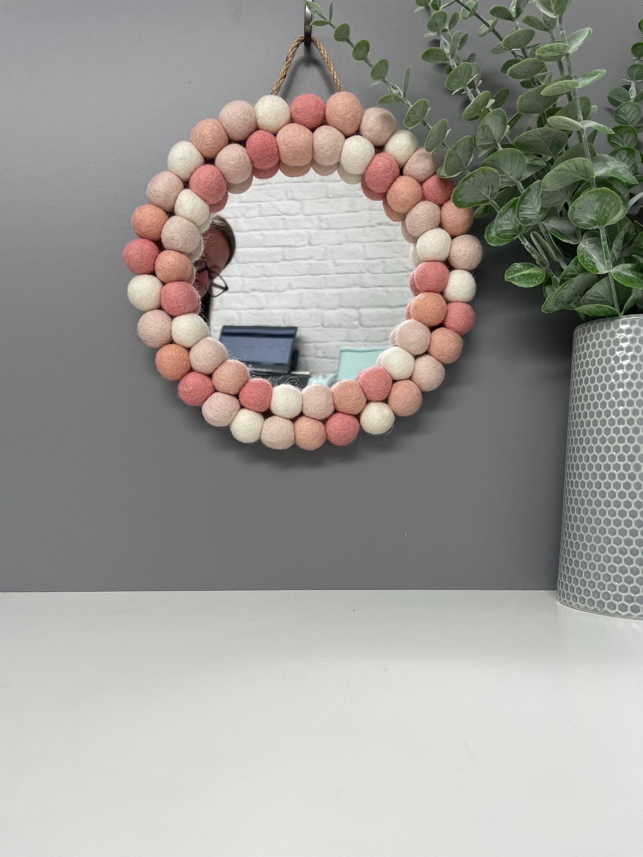 Pom Pom Wall Mirror, Pink & White Wool Felt Nursery Decor, circular mirror