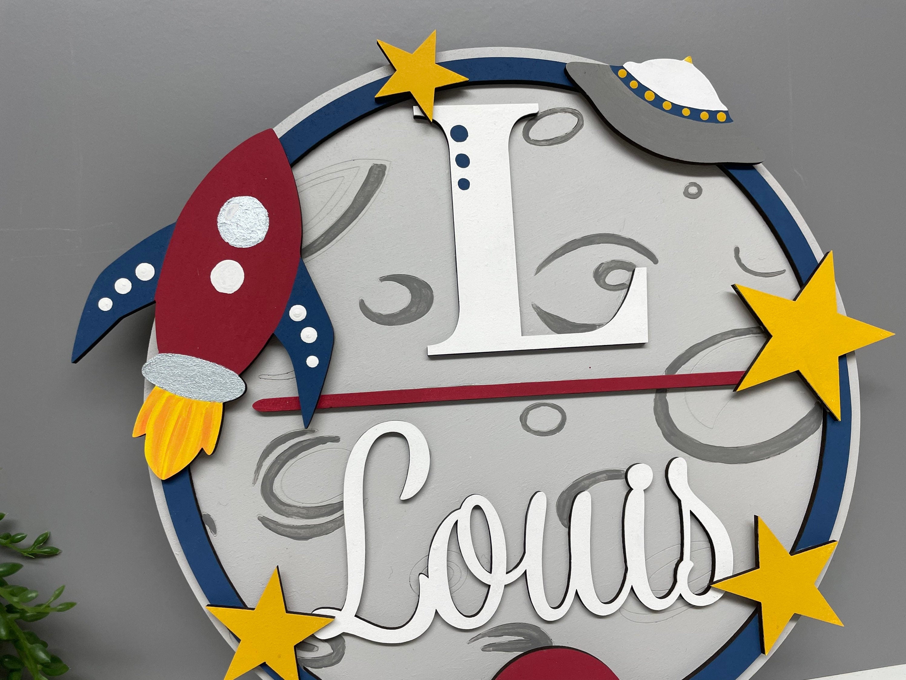 Space themed name plaque - wooden rocket sign - personalised name sign