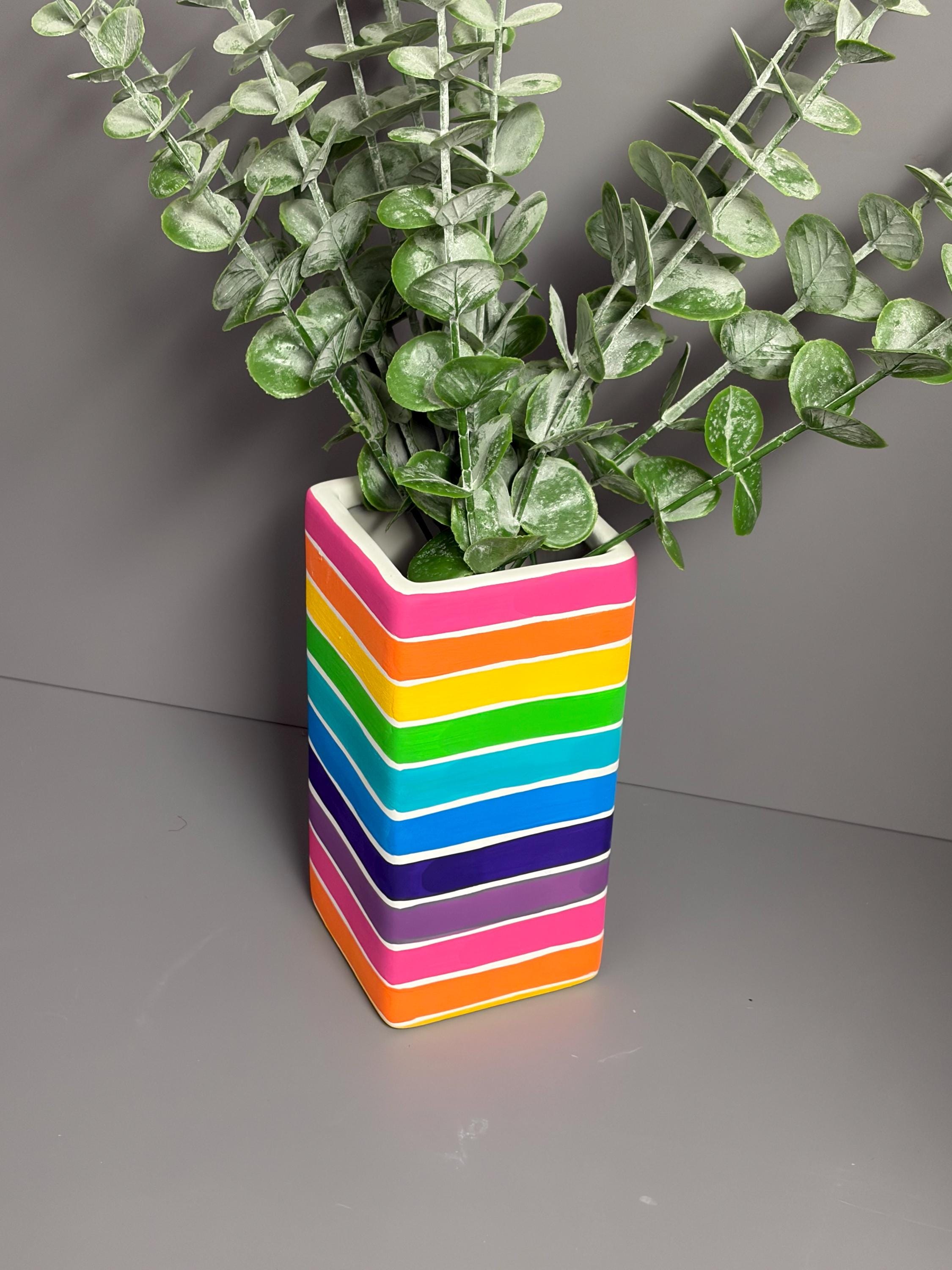 Bright rainbow strip hand painted ceramic vase