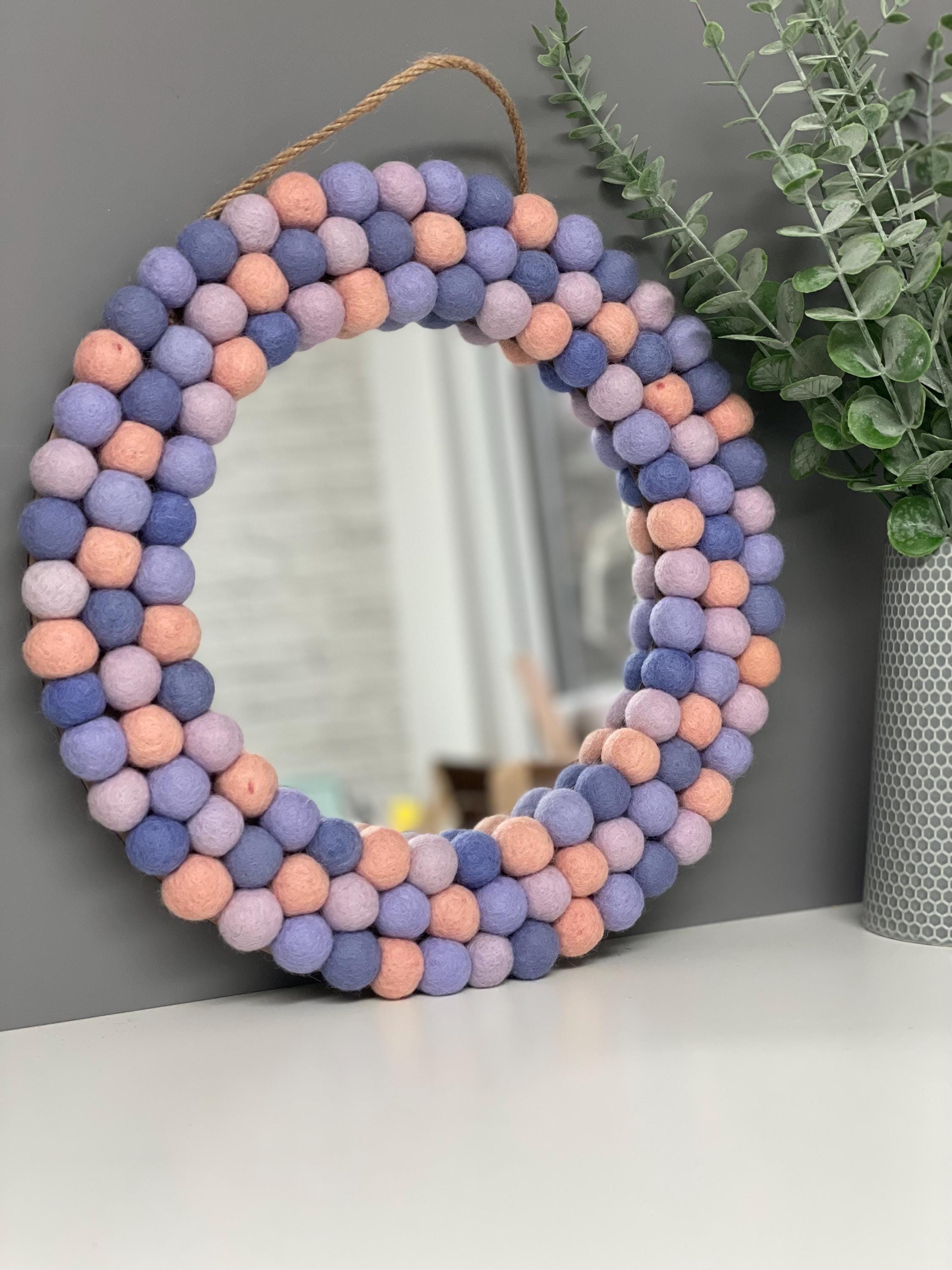Medium Circular Hanging Pom pom mirror, pastel purple, lilac, pale pink,  rainbow Pom Poms, playroom, nursery decor