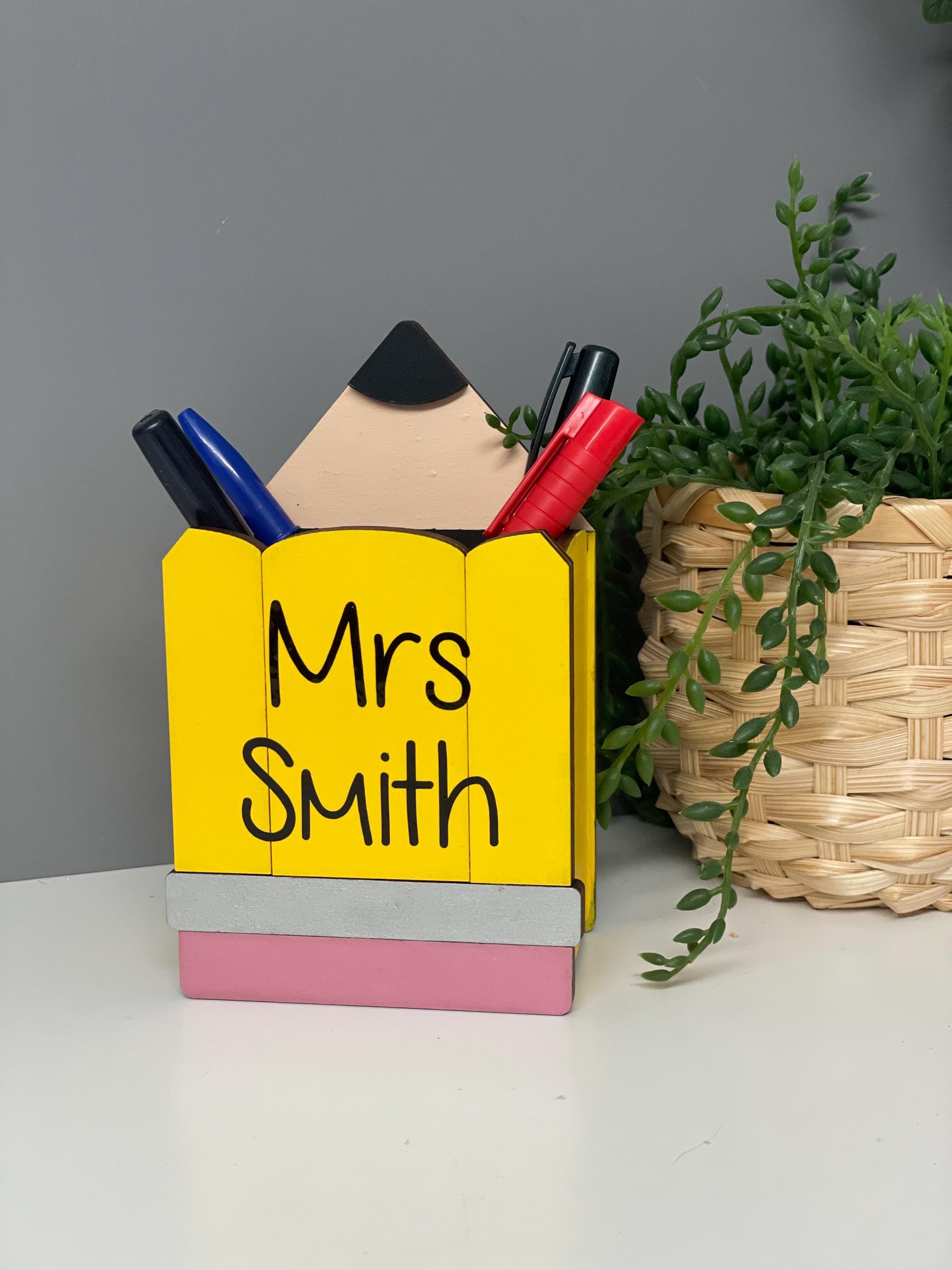 Personalized Teacher Pen Pot, Wooden Pencil Desk Organizer