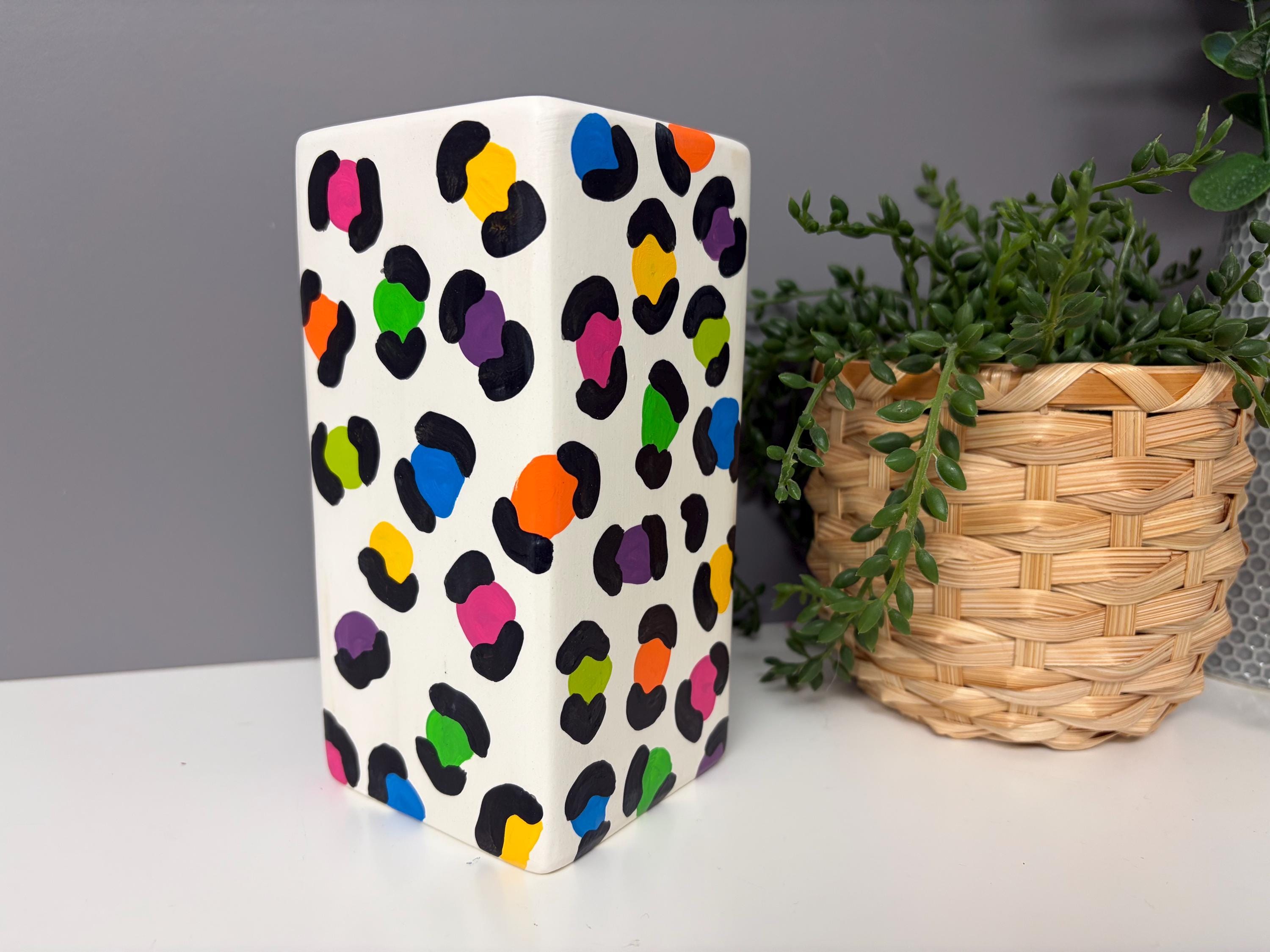 Hand painted rainbow leopard print ceramic vase