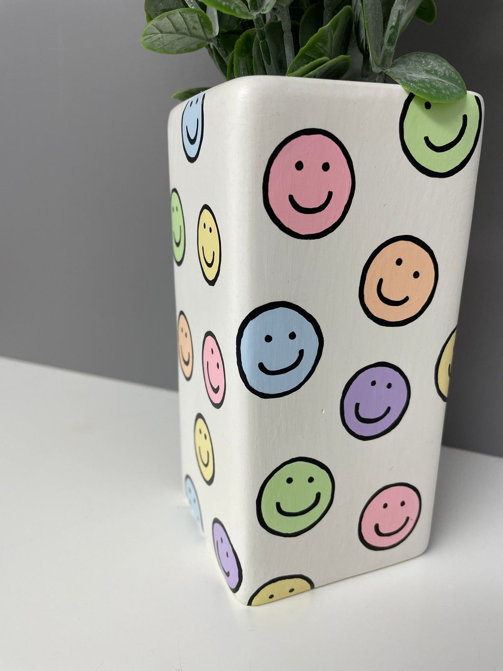 Smiley Face hand painted pastel coloured ceramic vase