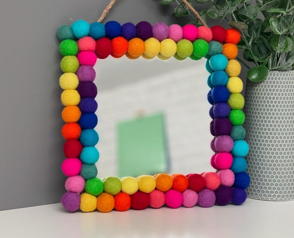 Rainbow Pom Pom Mirror, Playroom Nursery Decor, 20cm Square