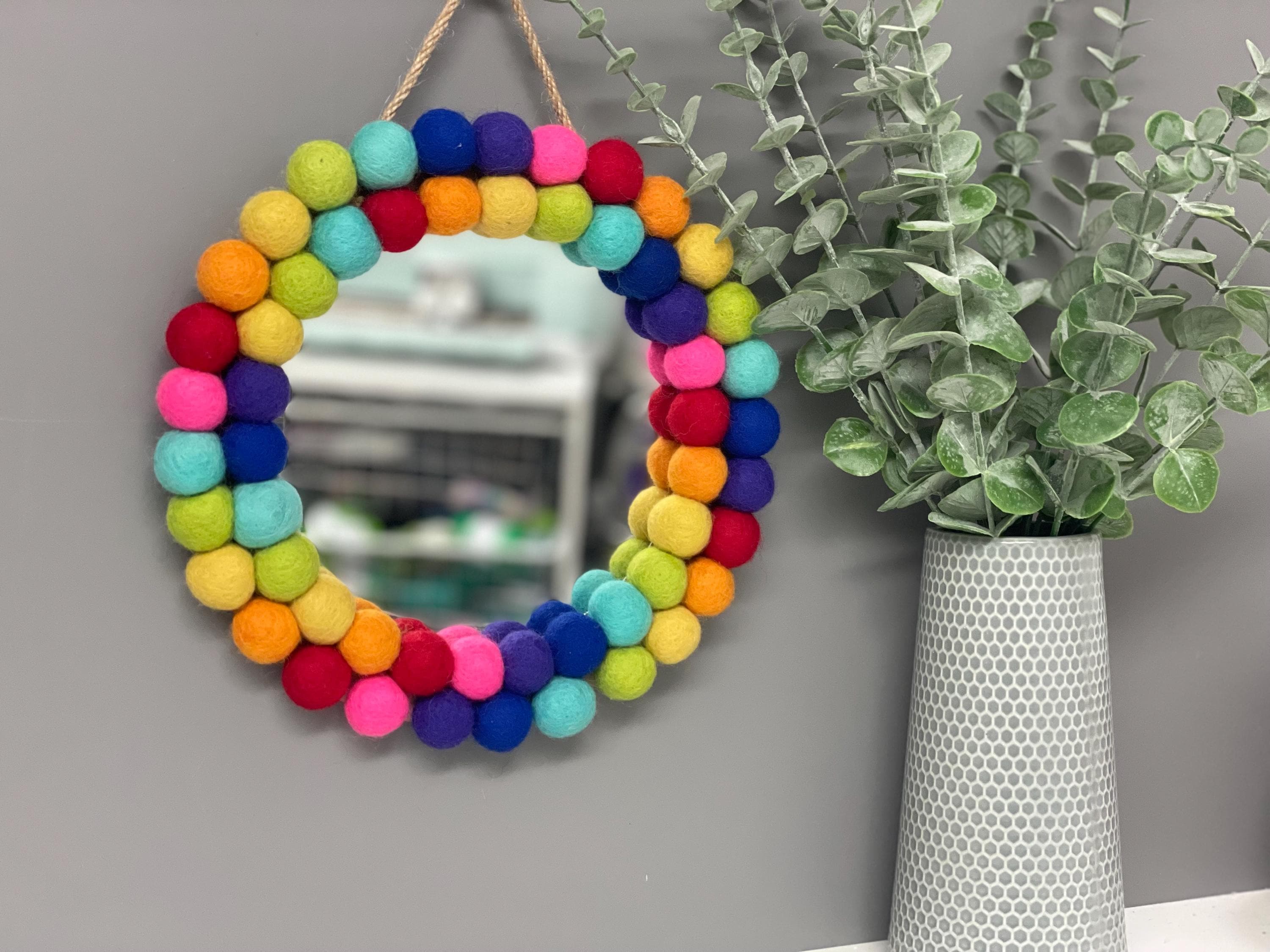 Small Pom Pom mirror, circle mirror, playroom decor, nursery decor, rainbow mirror