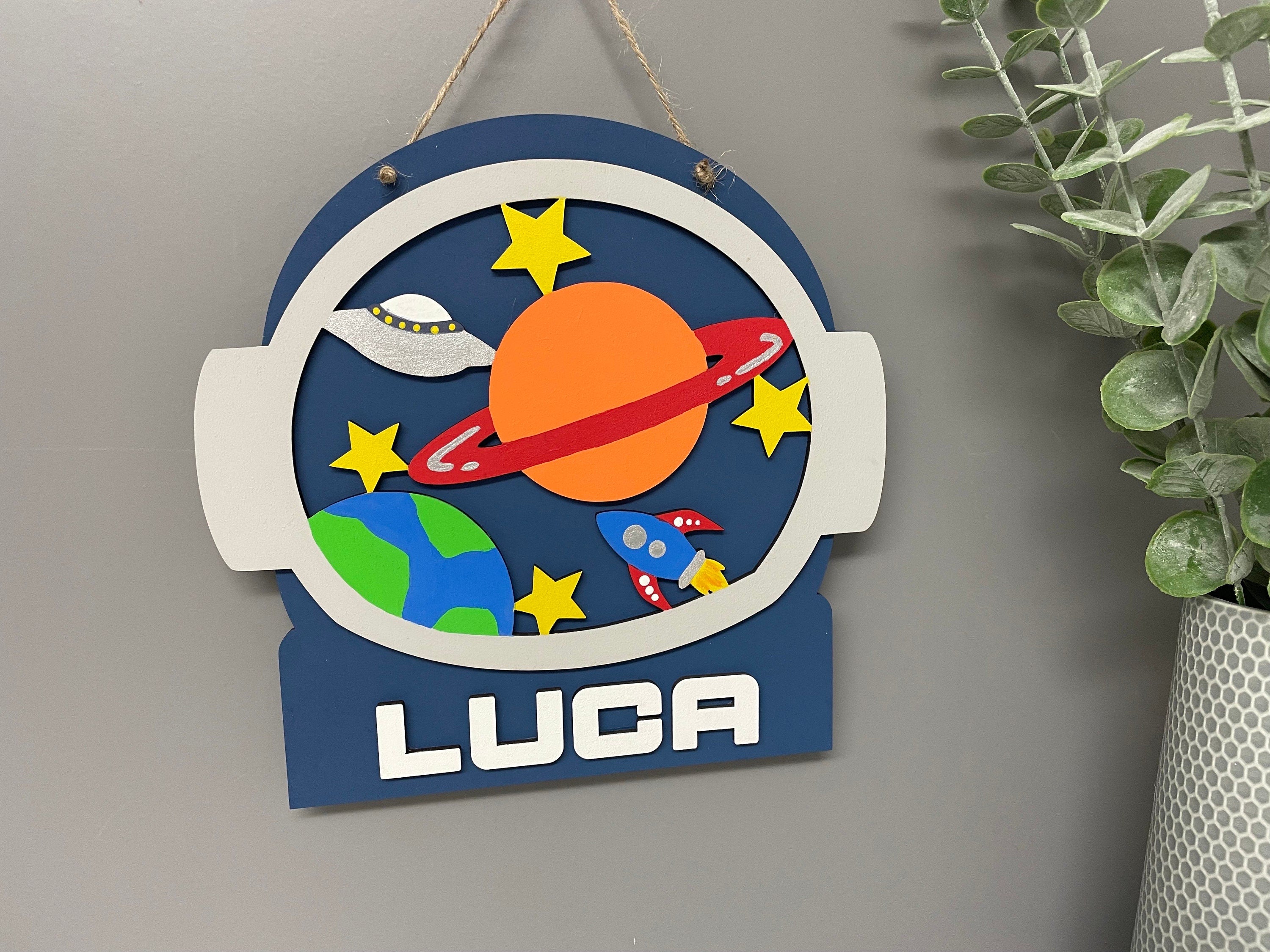 Astronaut name plaque - space theme bedroom decor - space name plaque - planets - wooden door sign