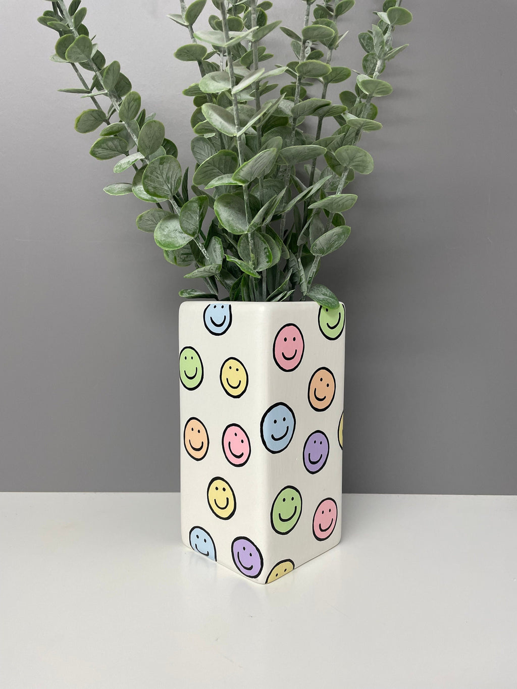 Smiley Face hand painted pastel coloured ceramic vase