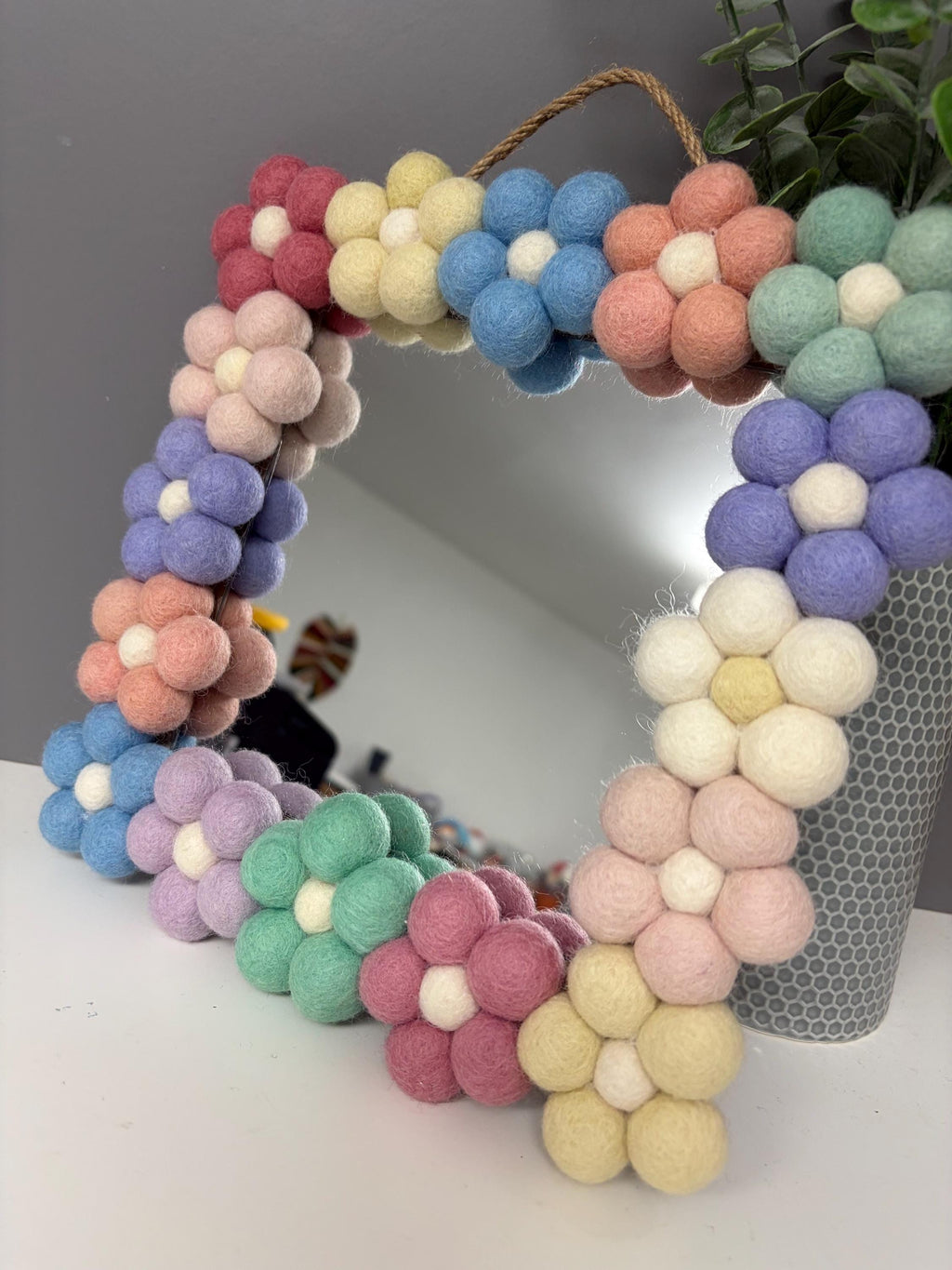 Pom Pom flower Wall Mirror, Wool Felt rainbow Pom Poms, Nursery Decor, square mirror.