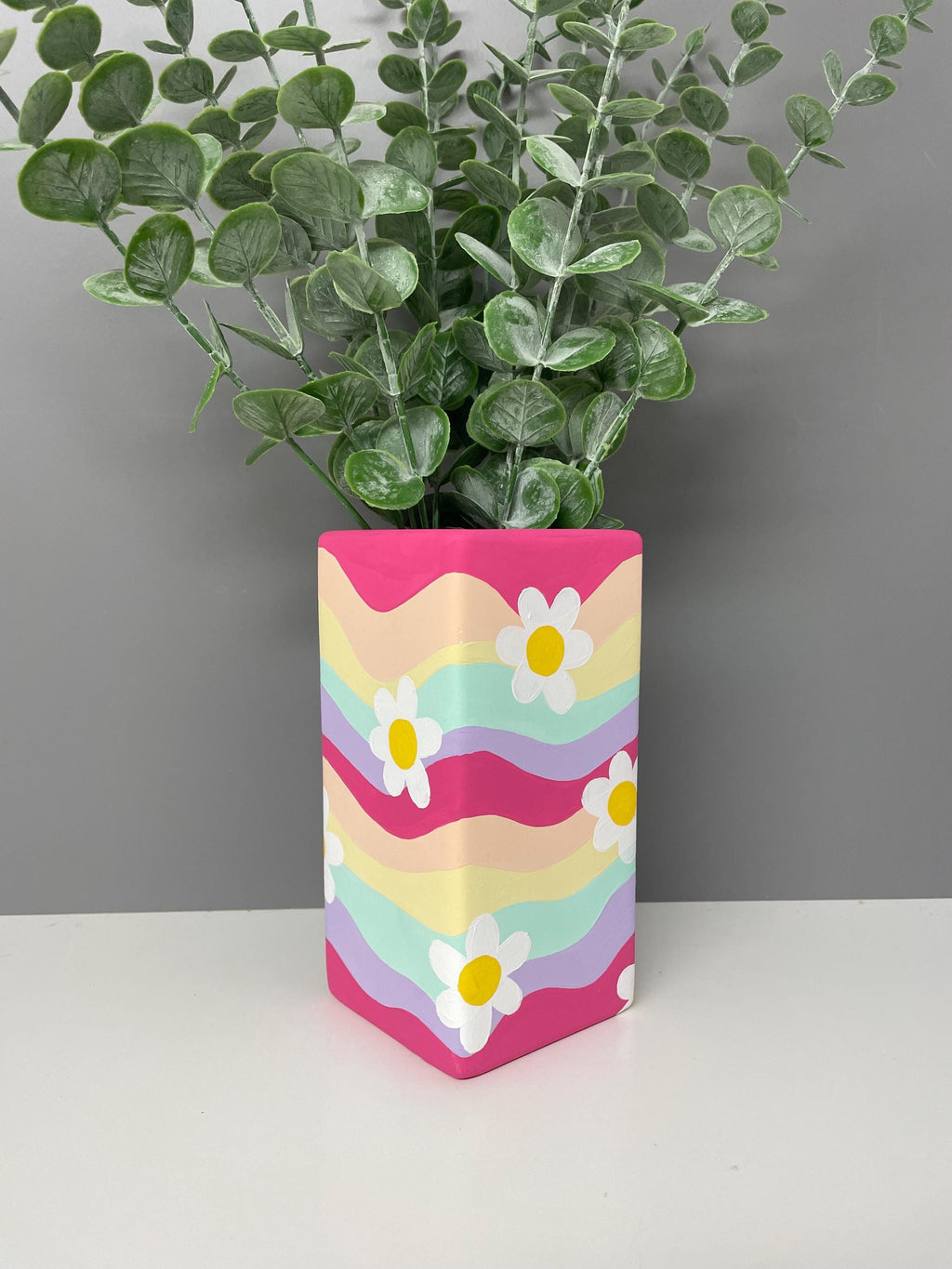 Flower, smiley face hand painted pastel coloured waves ceramic vase