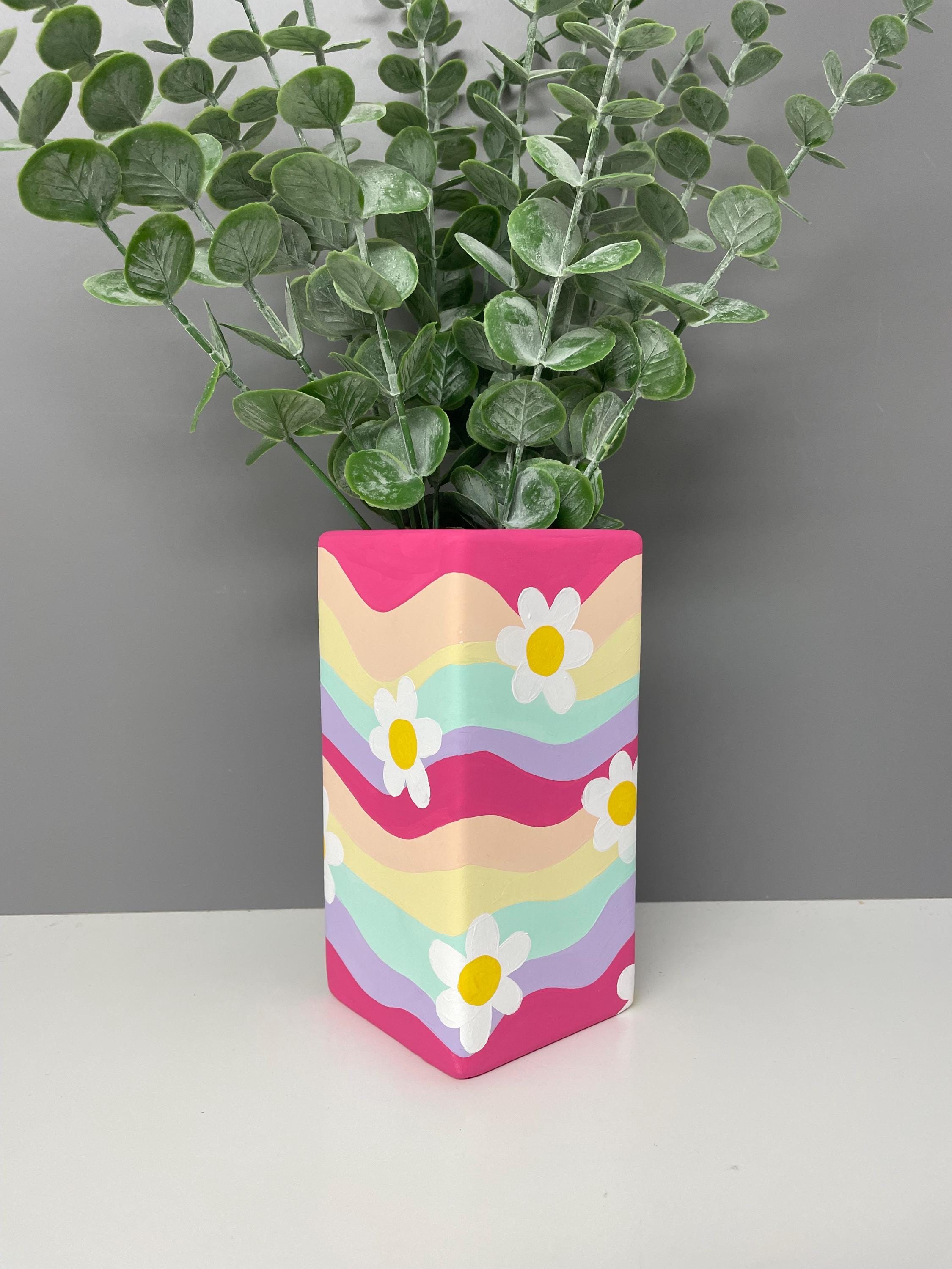 Flower, smiley face hand painted pastel coloured waves ceramic vase