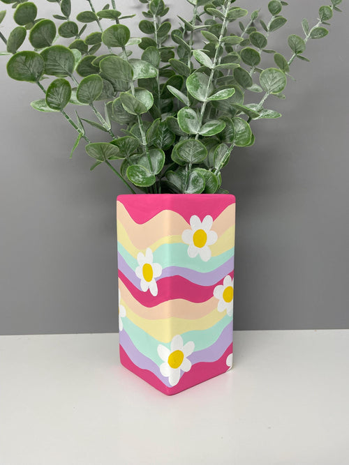 Flower, smiley face hand painted pastel coloured waves ceramic vase