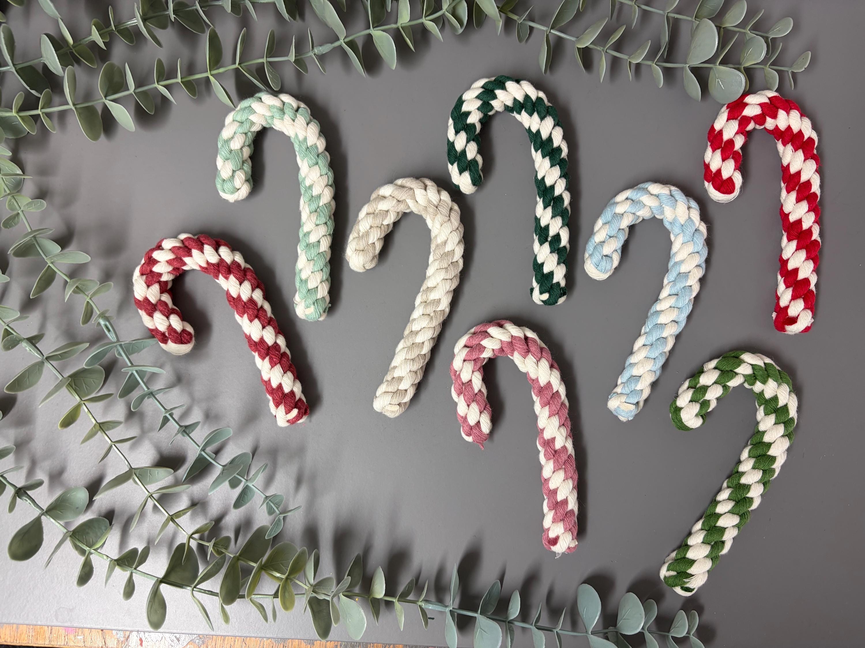 Christmas macrame candy cane decorations, candy cane baubles, macrame decorations.