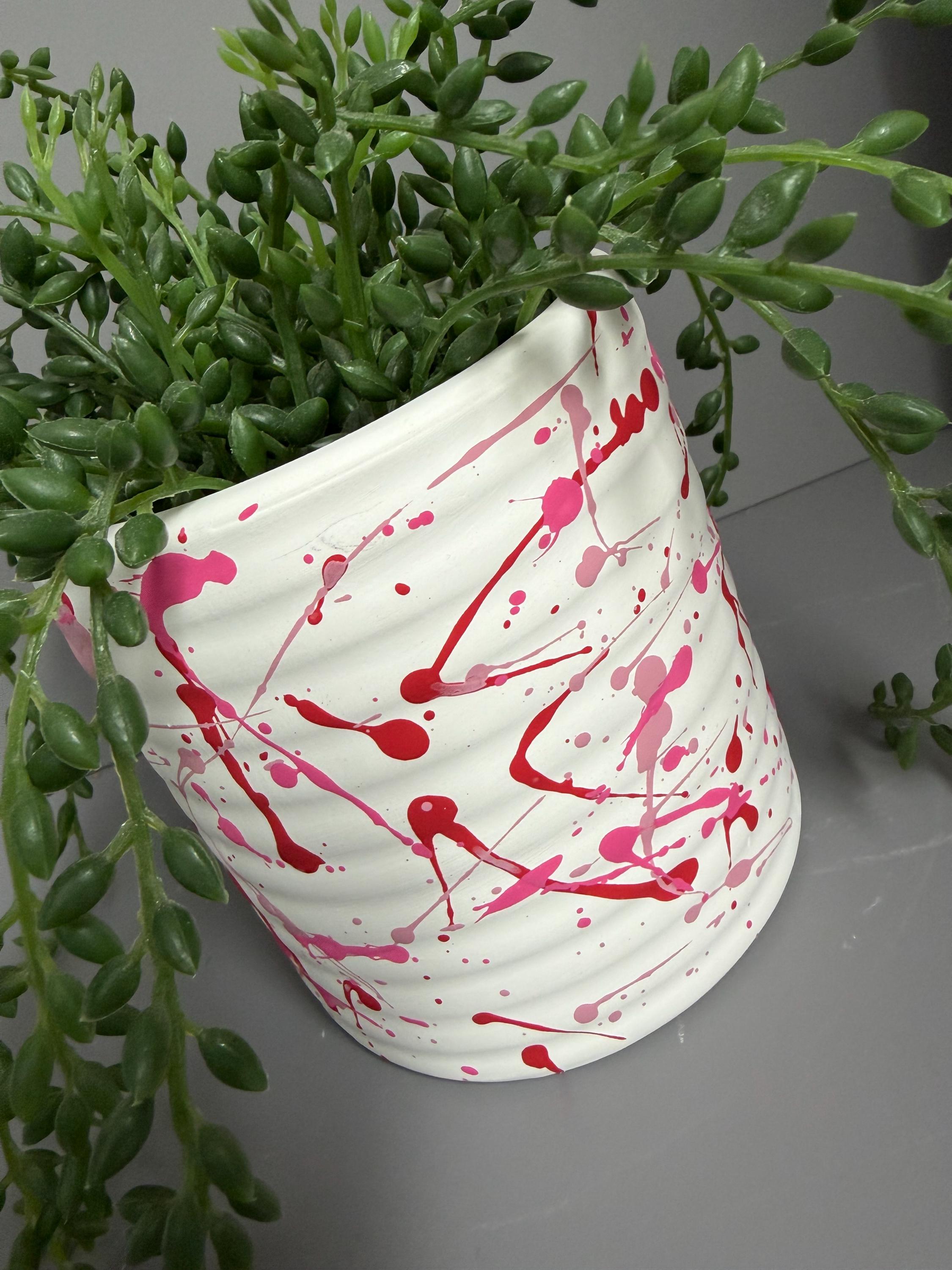 Hand Painted Ceramic Plant Pot, Pink and red plant pot, paint splatter plant pot.