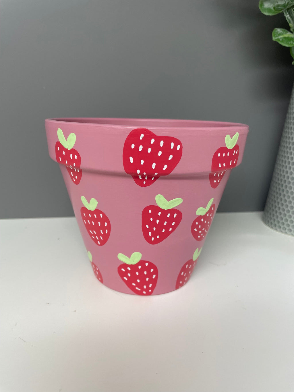 Stawberry Pink hand painted terracotta plant pot, indoor plants, home plants, custom plant pots.