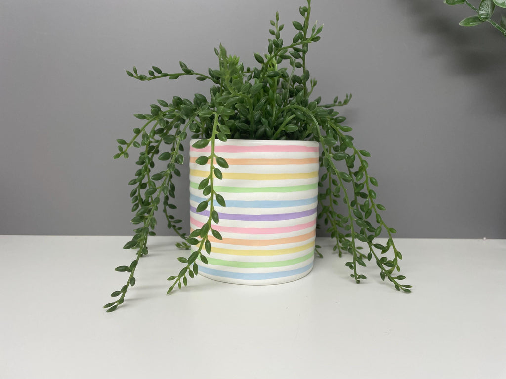 Hand Painted Ceramic Plant Pot, Pastel Rainbow Stripe Design.