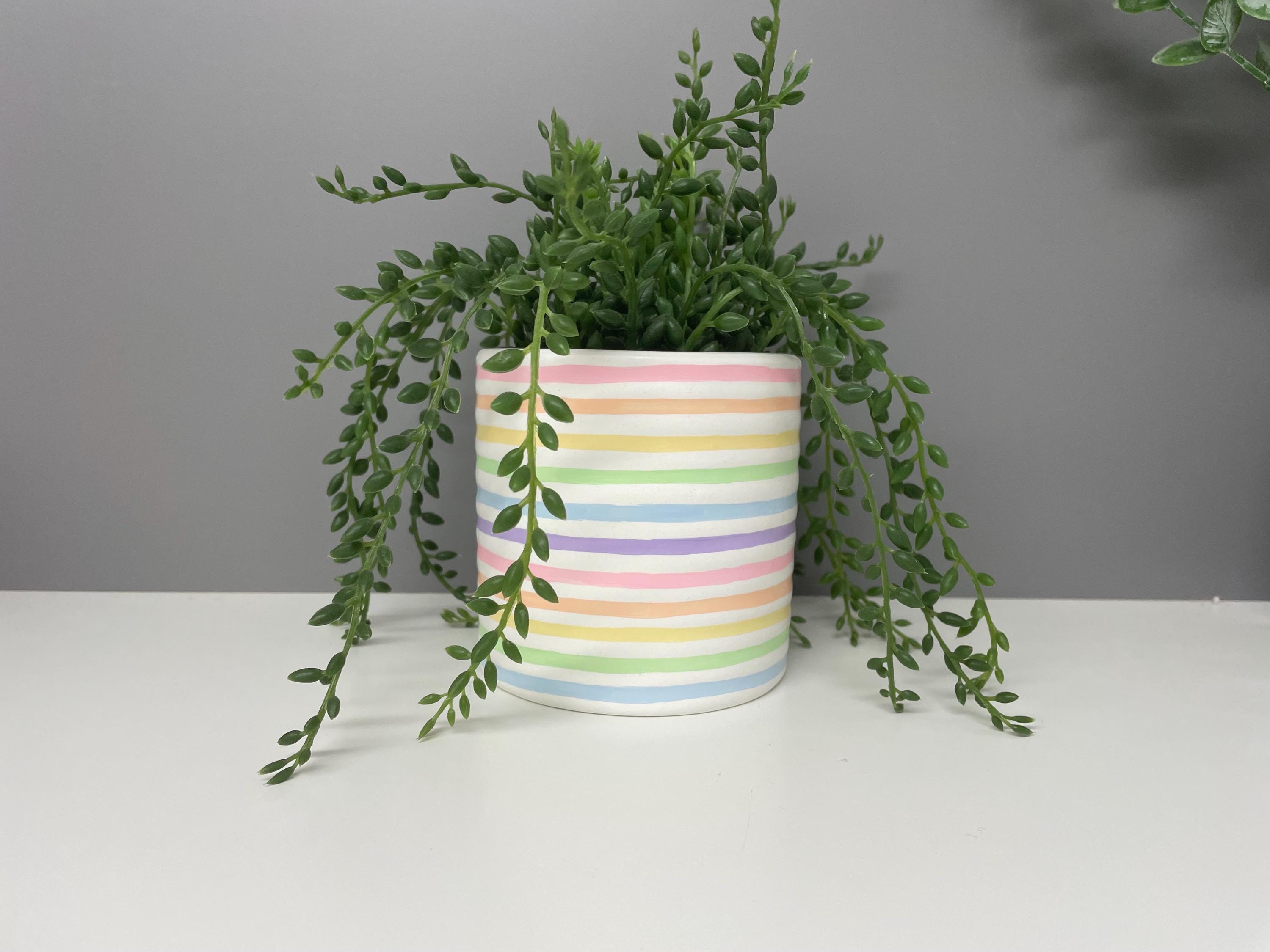 Hand Painted Ceramic Plant Pot, Pastel Rainbow Stripe Design.