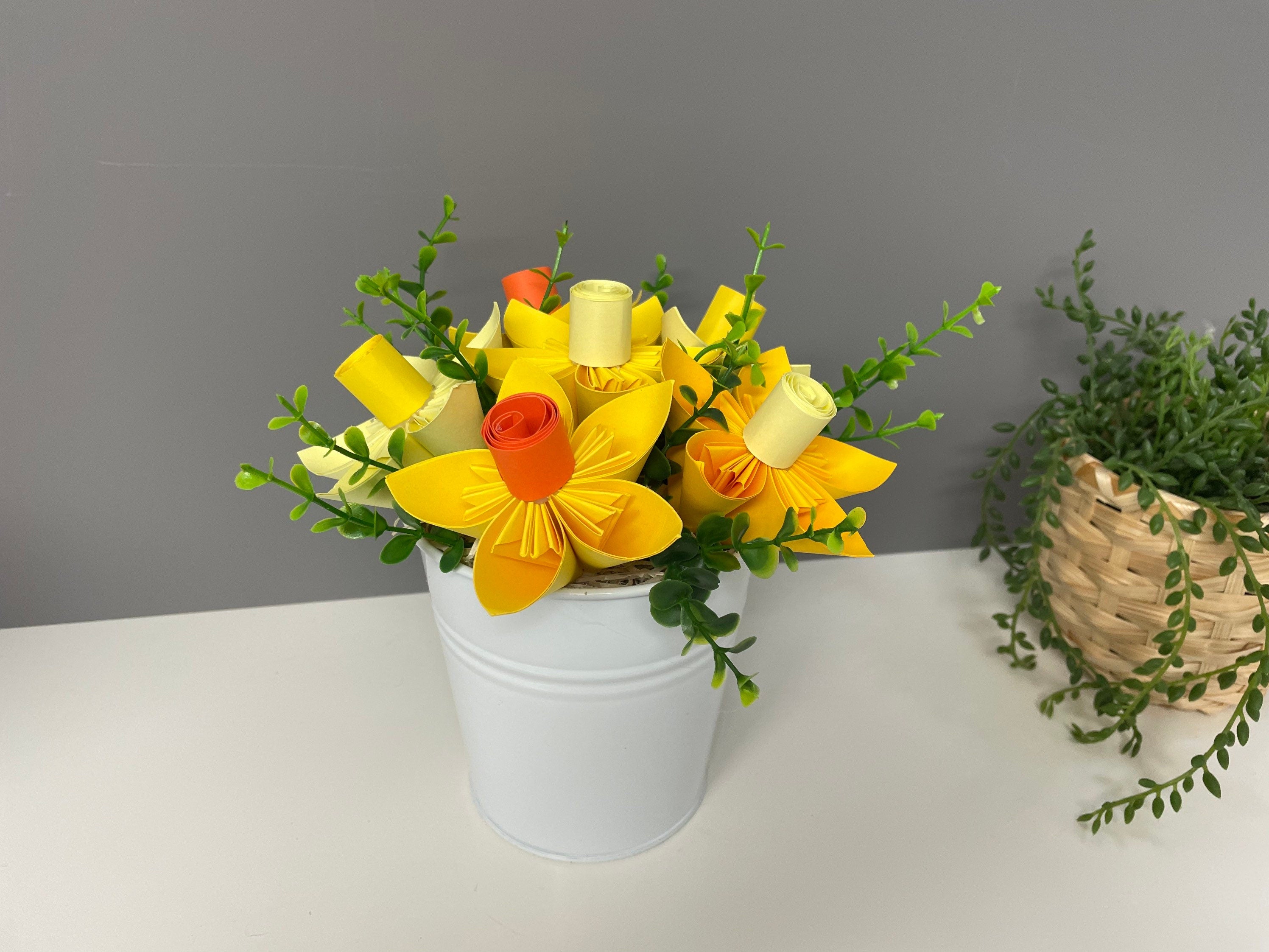 Paper Daffodils in white metal bucket, Floral table decor, everlasting flowers, Easter, Spring decor.