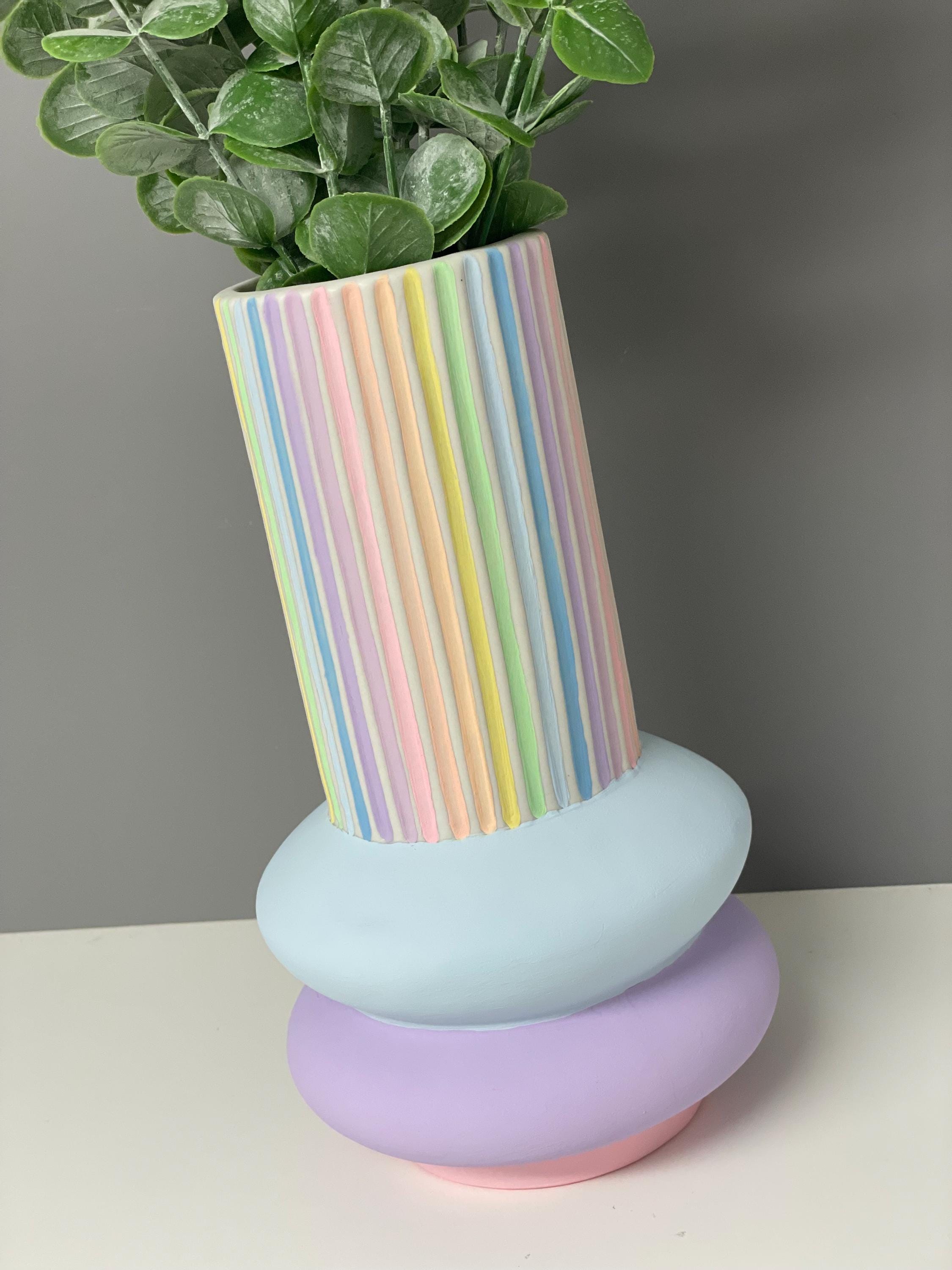 Handpainted Ceramic Vase: Pastel Rainbow Stripe Flower Vase