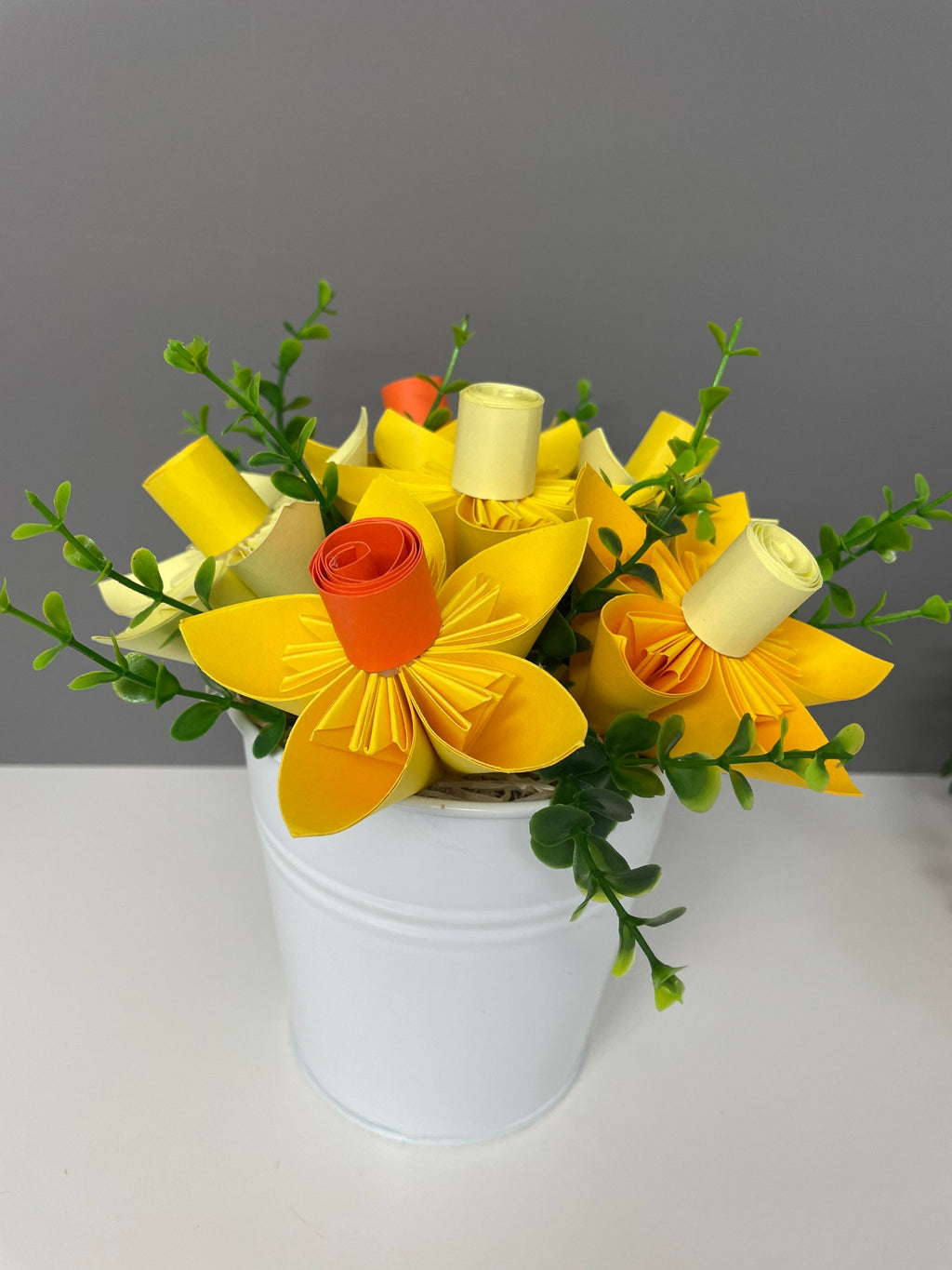 Paper Daffodils in white metal bucket, Floral table decor, everlasting flowers, Easter, Spring decor.