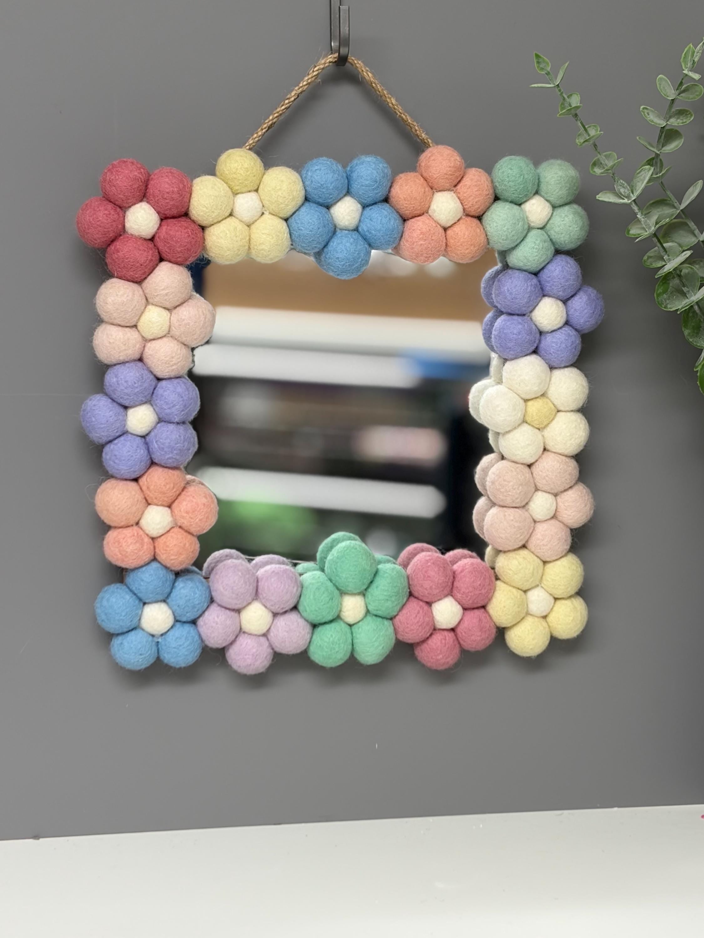 Pom Pom flower Wall Mirror, Wool Felt rainbow Pom Poms, Nursery Decor, square mirror.