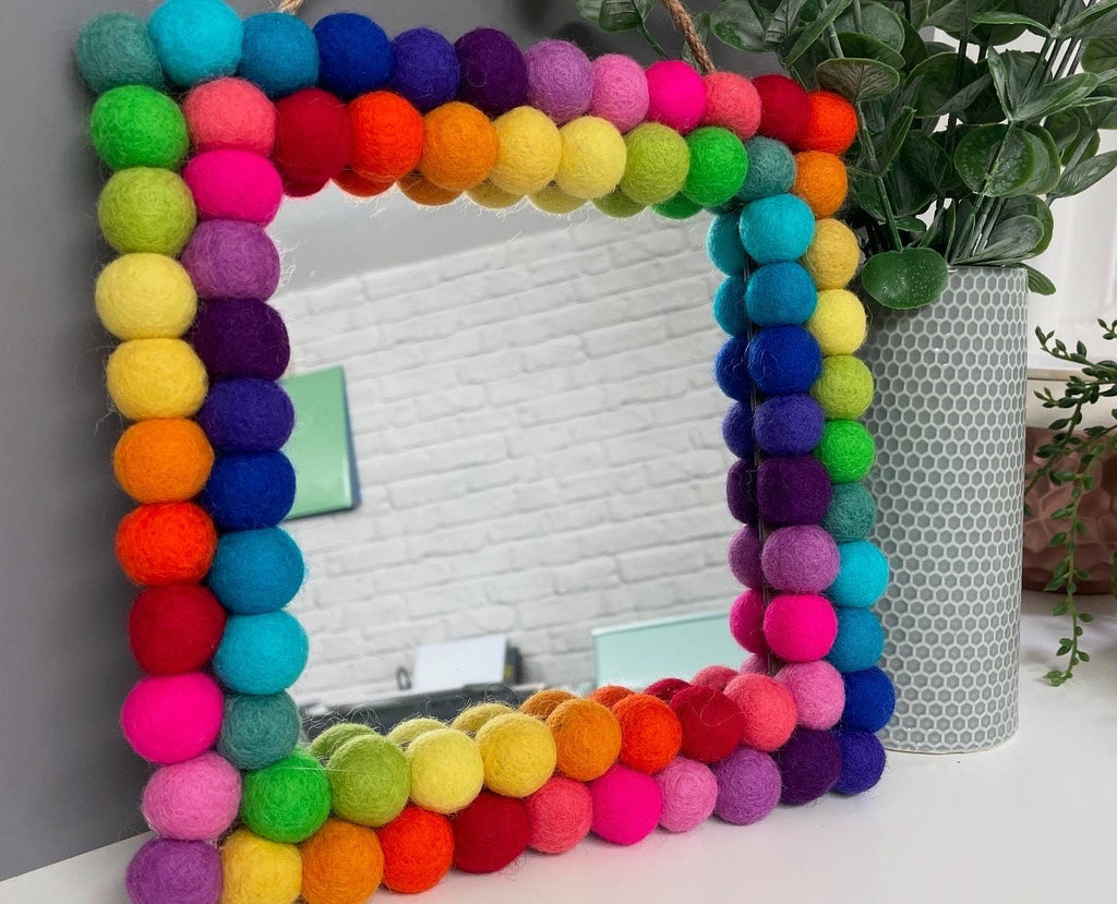 Rainbow Pom Pom Mirror, Playroom Nursery Decor, 20cm Square