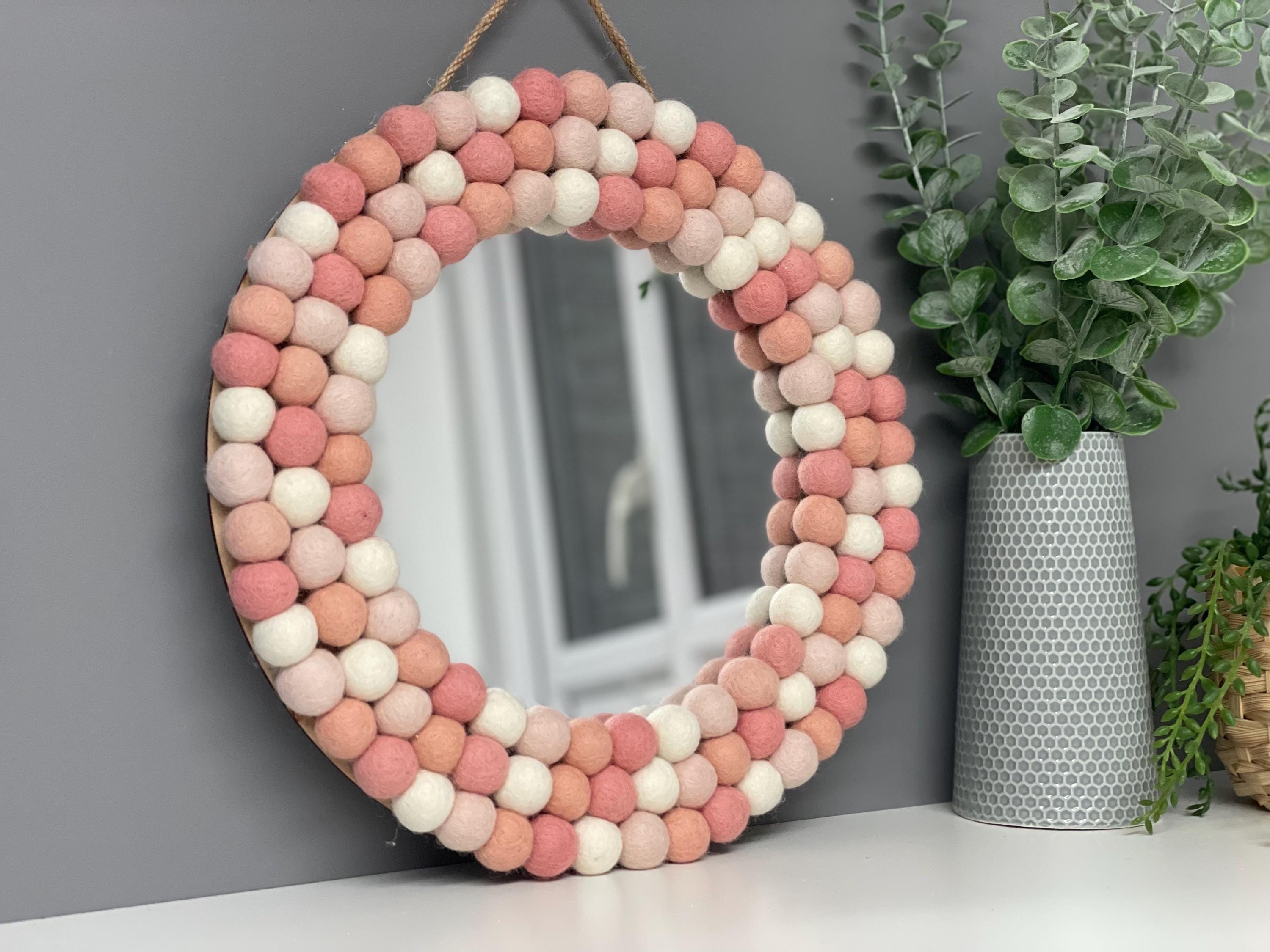 Wool Felt Pom Pom Mirror, Pink & Cream Nursery Decor, circular wall mirror