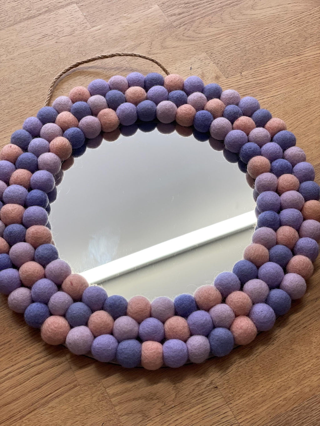 Medium Circular Hanging Pom pom mirror, pastel purple, lilac, pale pink,  rainbow Pom Poms, playroom, nursery decor