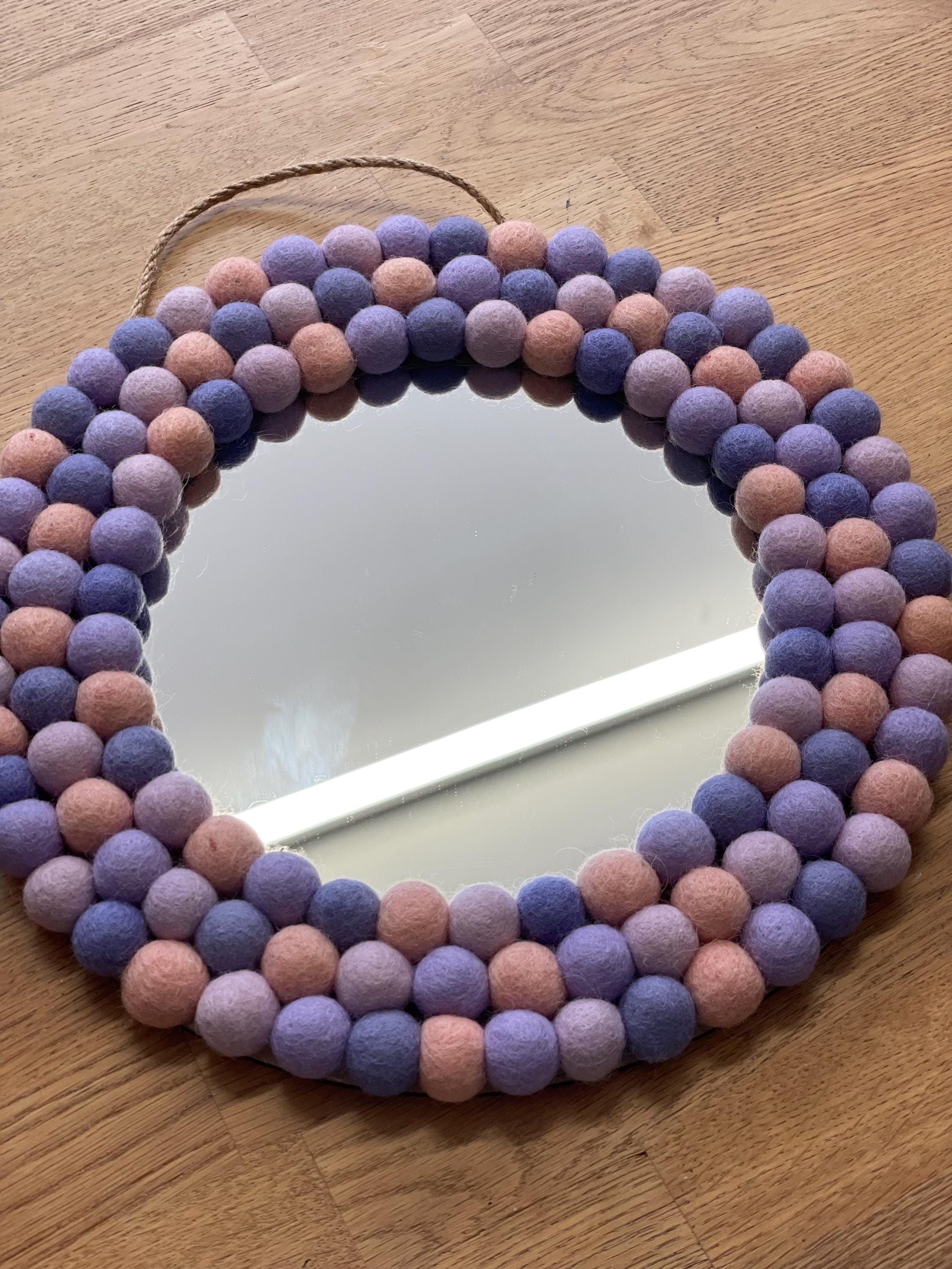 Medium Circular Hanging Pom pom mirror, pastel purple, lilac, pale pink,  rainbow Pom Poms, playroom, nursery decor