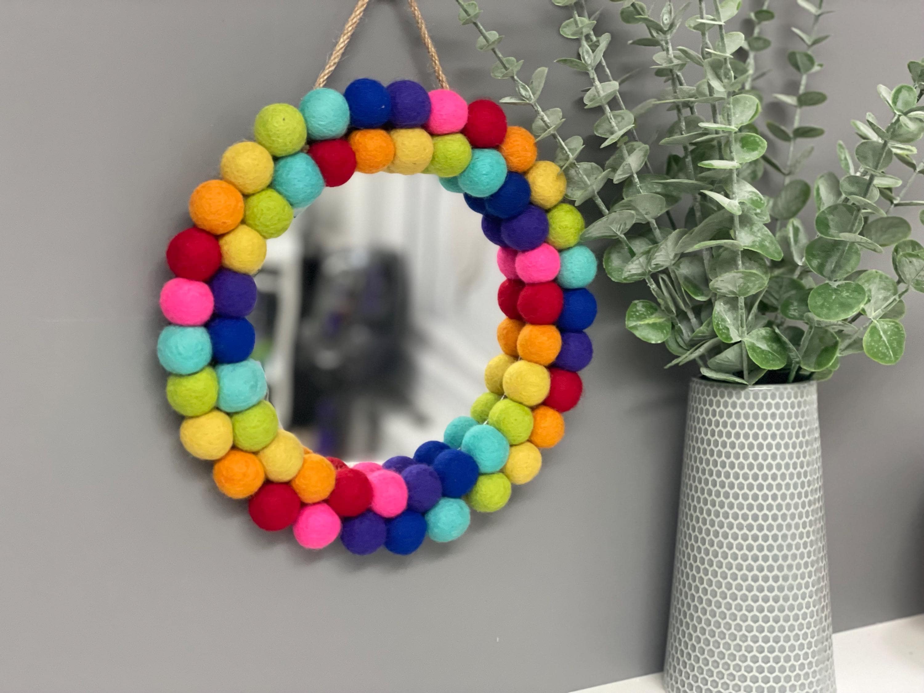 Small Pom Pom mirror, circle mirror, playroom decor, nursery decor, rainbow mirror