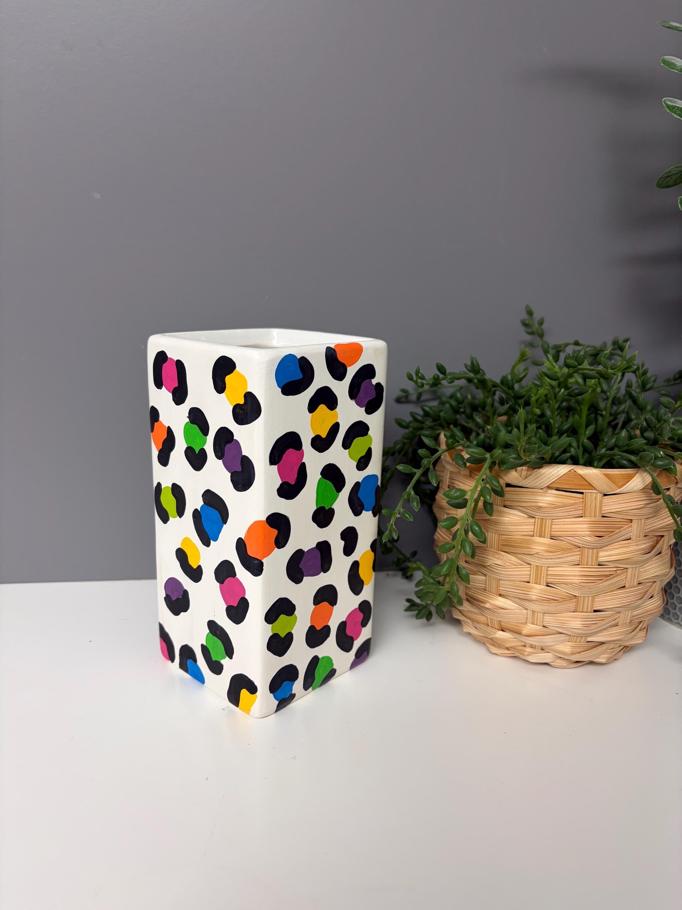 Hand painted rainbow leopard print ceramic vase