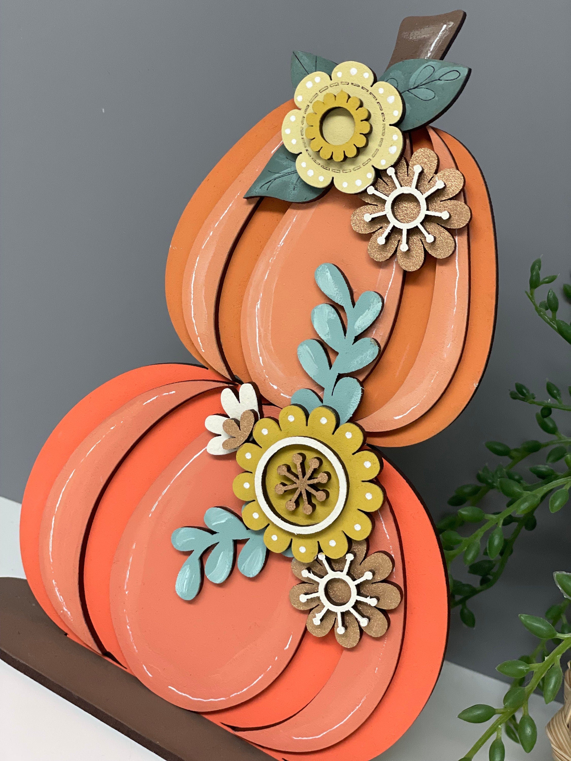 Wooden pumpkins, freestanding pumpkin, autumn decor, floral pumpkins.