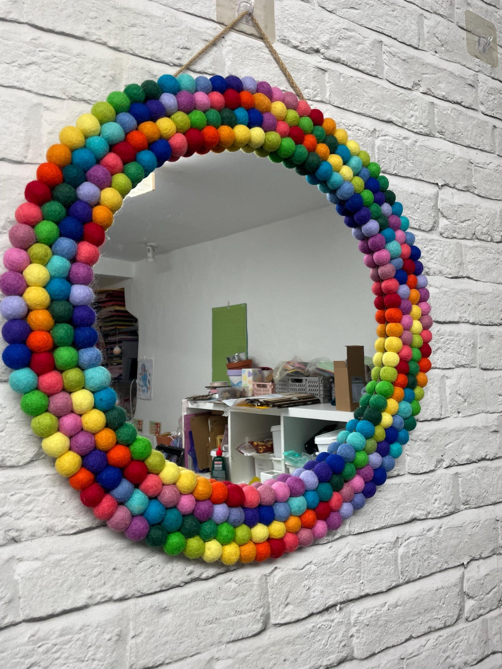 Large Circular Hanging Pom Pom mirror, rainbow pom Poms, playroom decor, nursery.