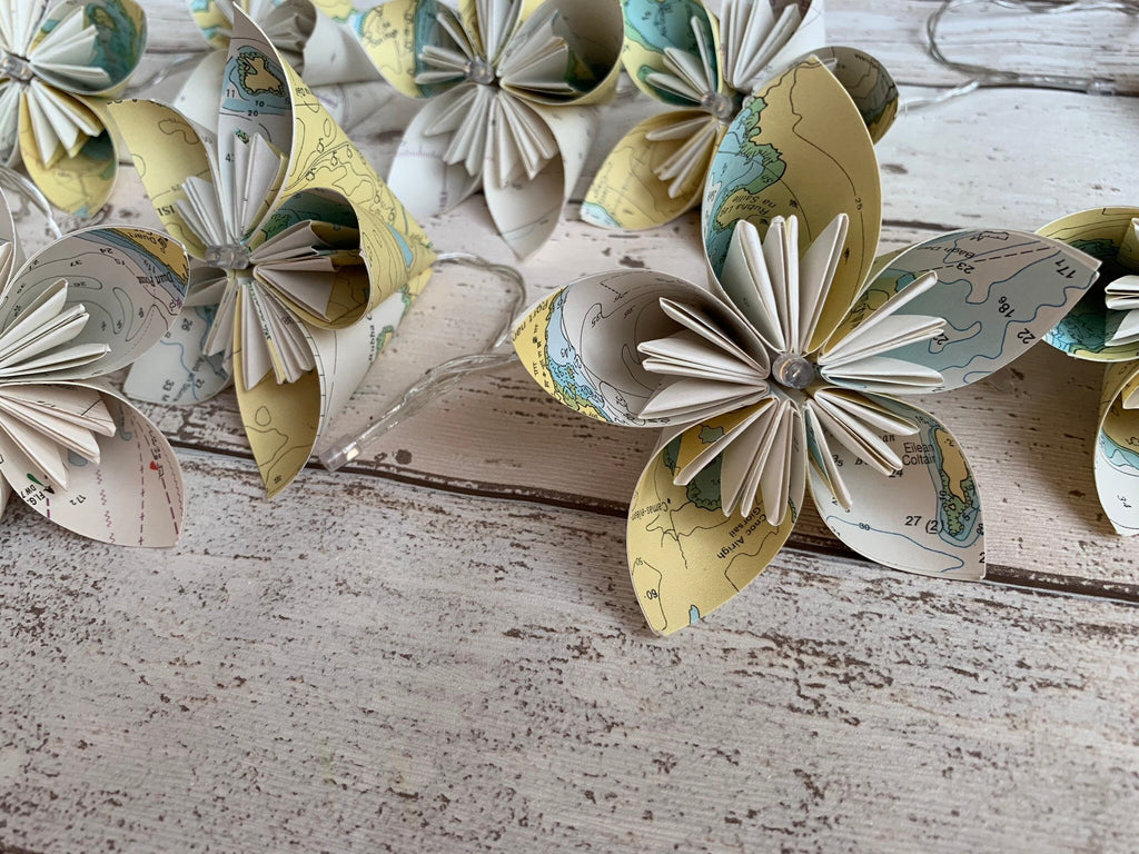 Sea chart paper flower fairy lights, recycled sea charts.