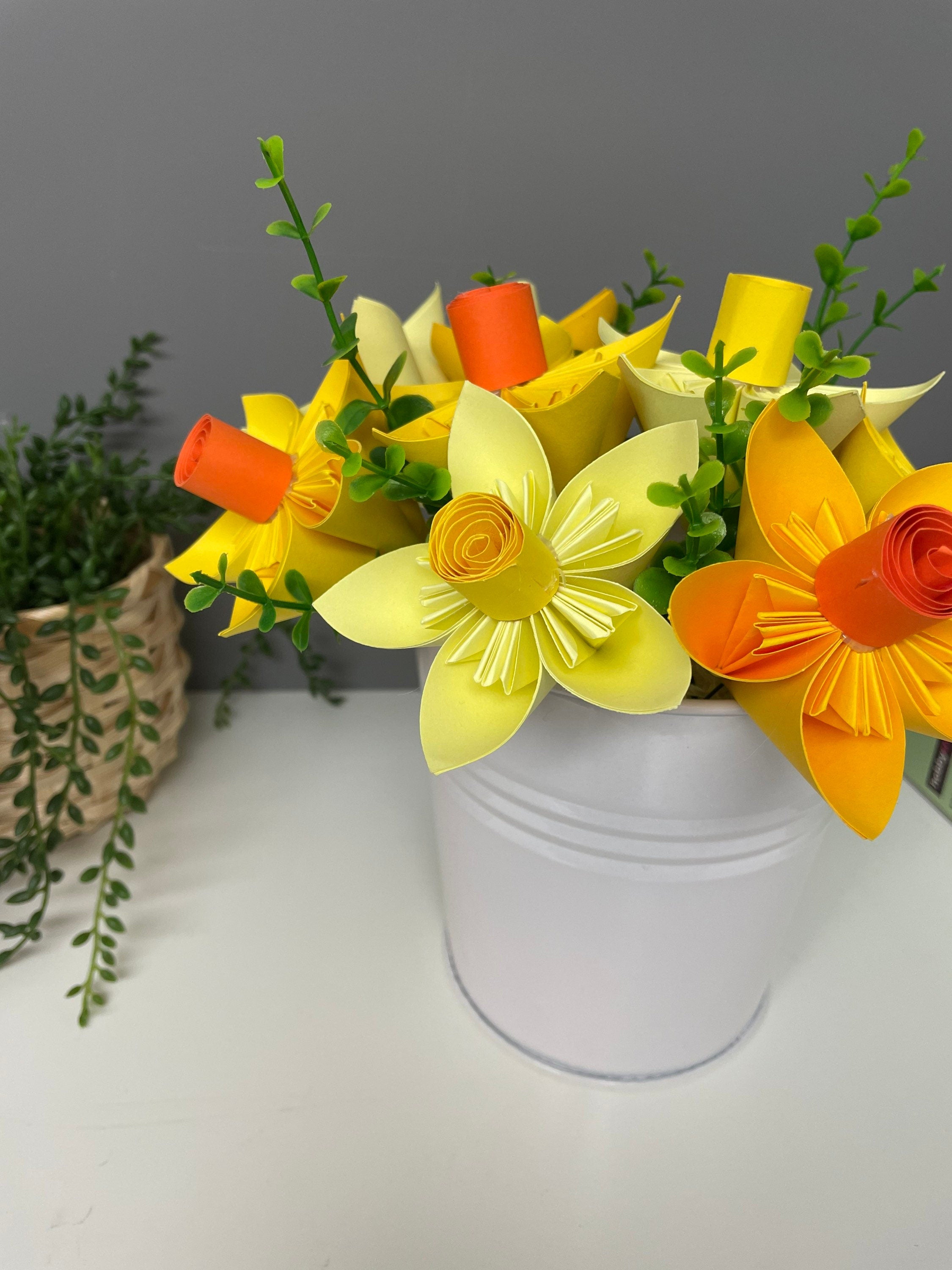 Paper Daffodils in white metal bucket, Floral table decor, everlasting flowers, Easter, Spring decor.