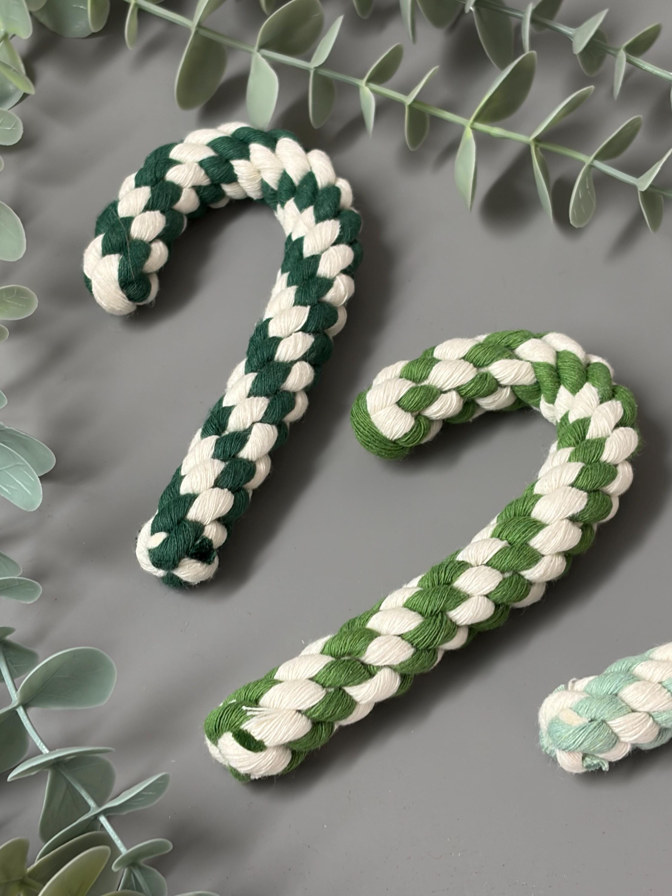 Christmas macrame candy cane decorations, candy cane baubles, macrame decorations.