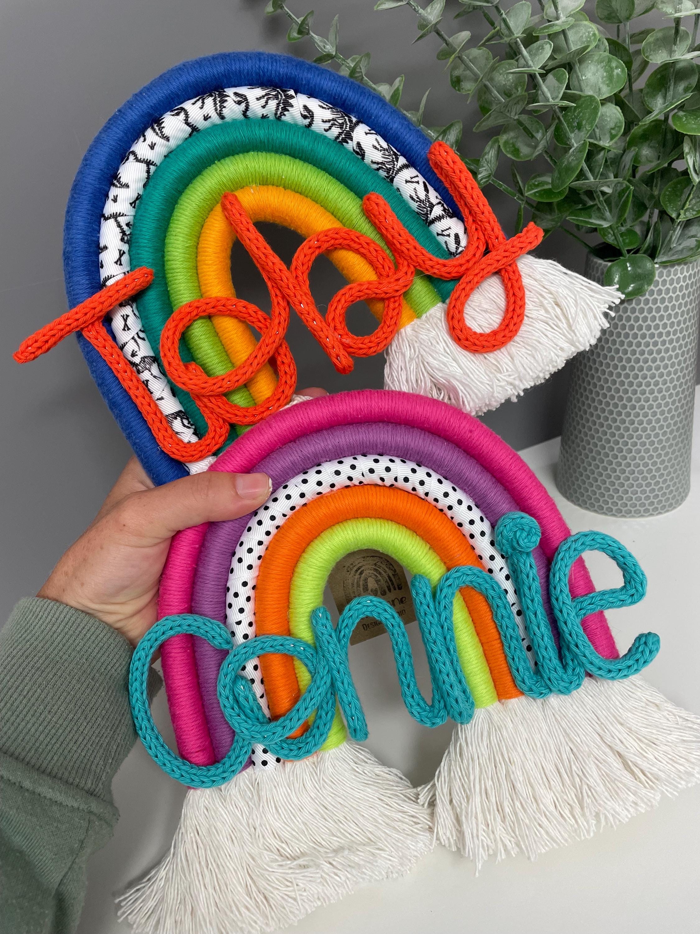 Personalised macrame rainbow with knitted wire name - nursery decor - new baby gift - home decor - rainbow wall hanging - knitted wire words