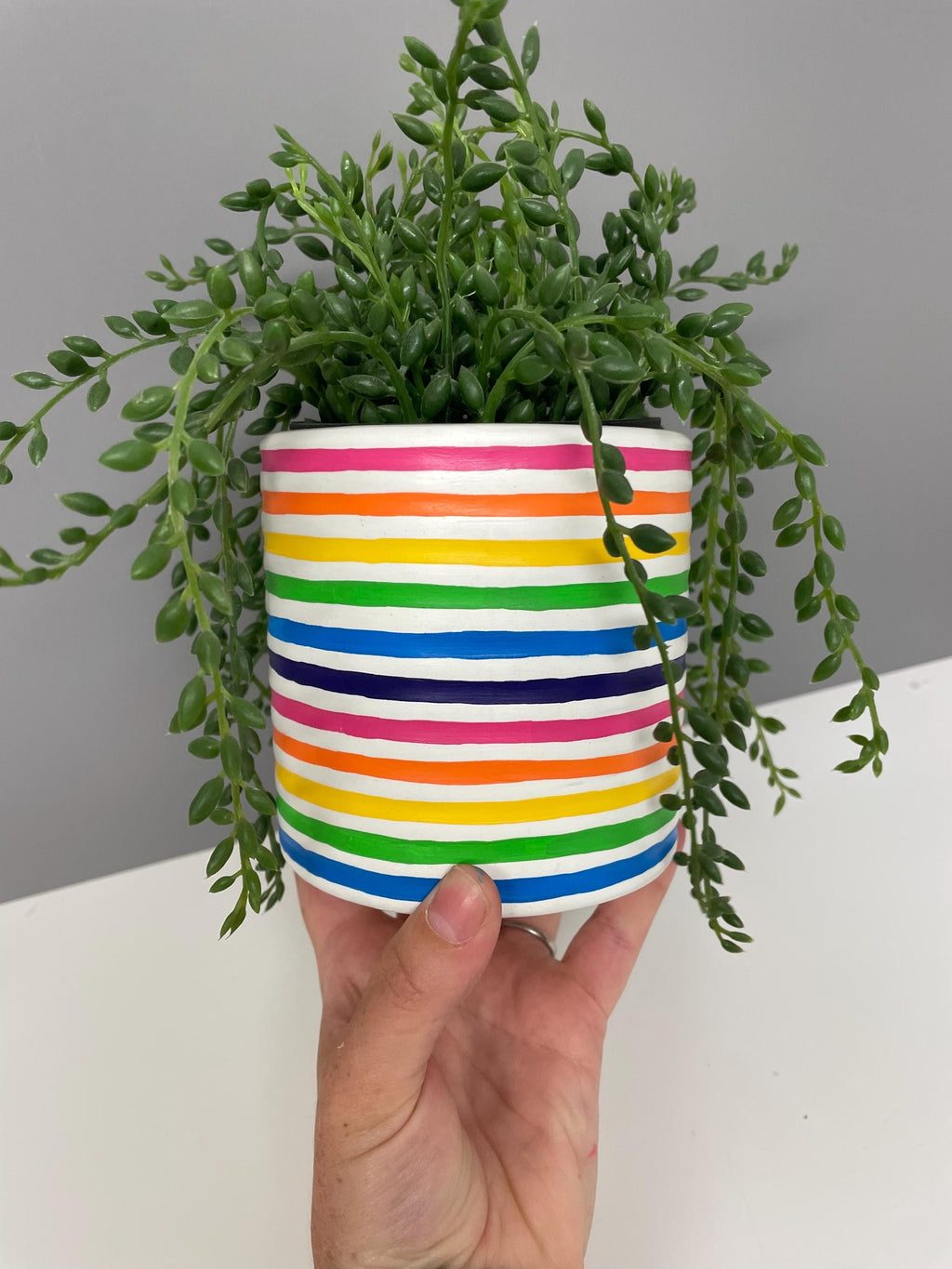 Hand Painted Ceramic Plant Pot, Rainbow Stripe Design. Bright plant pot