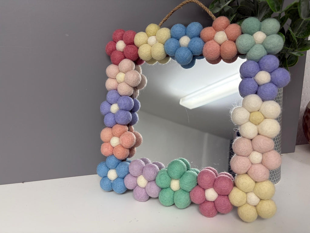Pom Pom flower Wall Mirror, Wool Felt rainbow Pom Poms, Nursery Decor, square mirror.