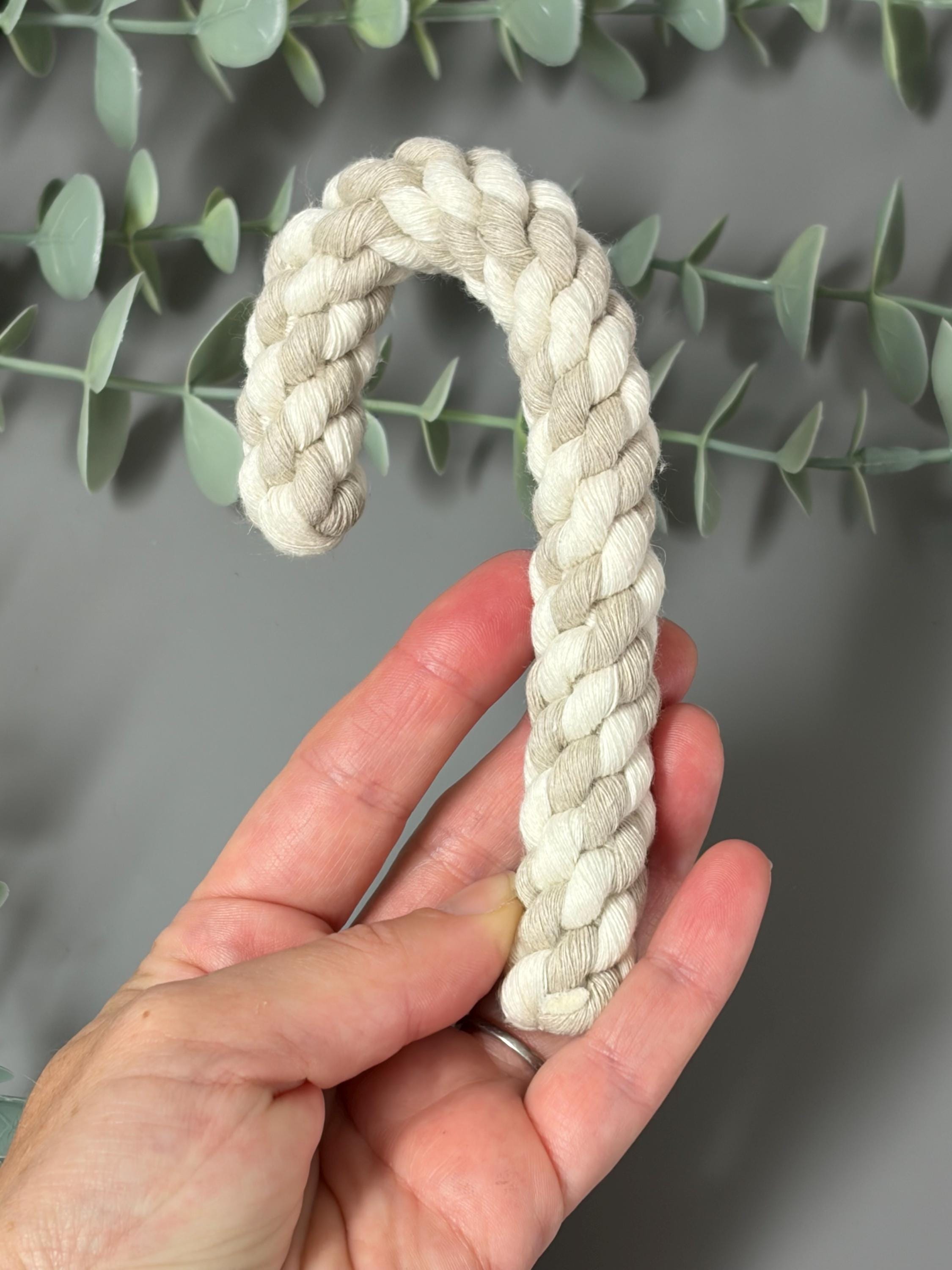 Christmas macrame candy cane decorations, candy cane baubles, macrame decorations.